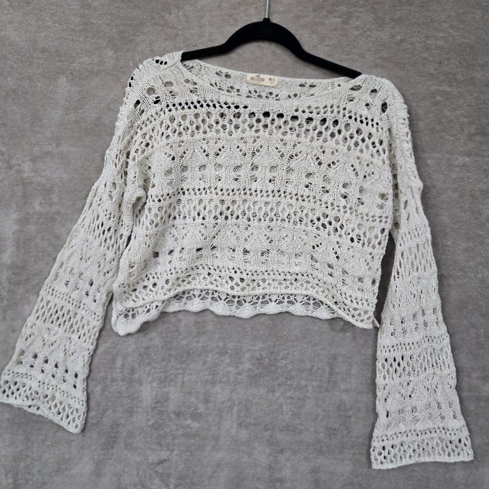 Hollister Crochet Lace Crop Sweater Womens‎ Medium Large Cream Boho Festival